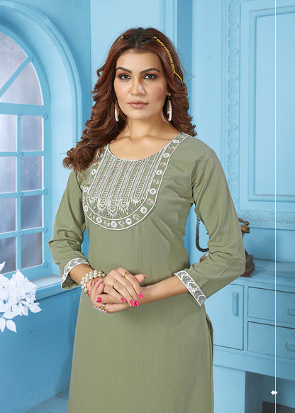 Monjolika Fashion Sage Green Rinkal Cotton With Embroidered Work Kurti With Pant