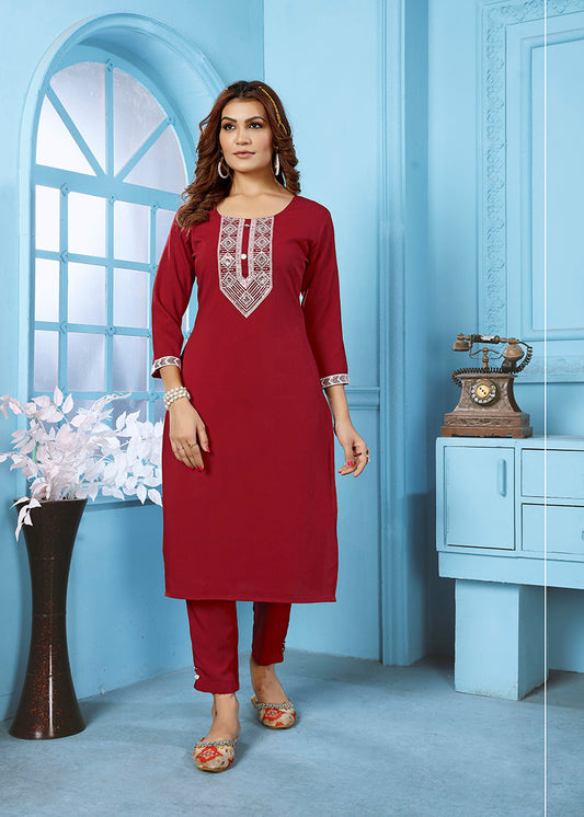 Monjolika Fashion Red Rinkal Cotton With Embroidered Work Kurti With Pant