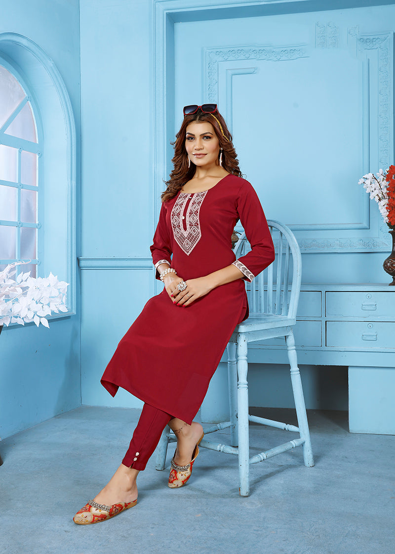 Monjolika Fashion Red Rinkal Cotton With Embroidered Work Kurti With Pant
