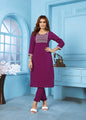 Monjolika Fashion Purple Rinkal Cotton With Embroidered Work Kurti With Pant