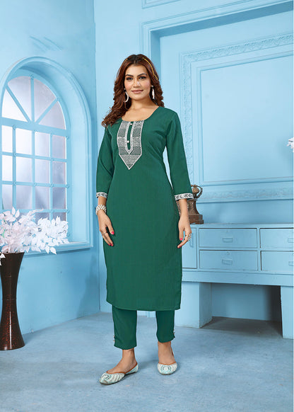 Monjolika Fashion Dark Green Rinkal Cotton With Embroidered Work Kurti With Pant