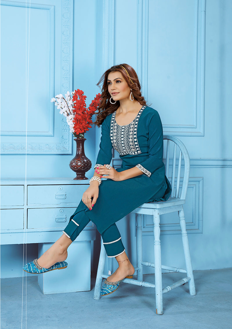 Monjolika Fashion Teal Blue Rinkal Cotton With Embroidered Work Kurti With Pant