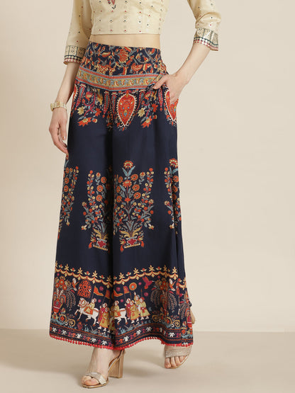 Juniper Women Indigo Cotton Printed Flared Palazzo