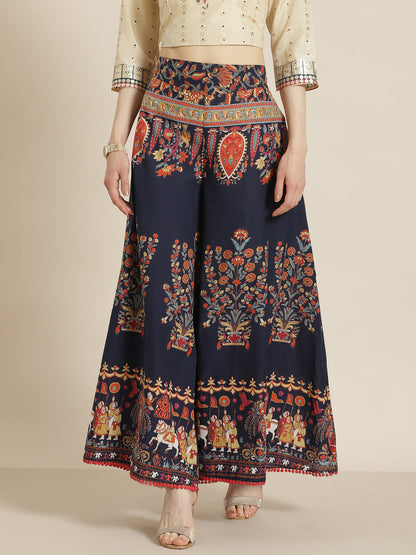 Juniper Women Indigo Cotton Printed Flared Palazzo