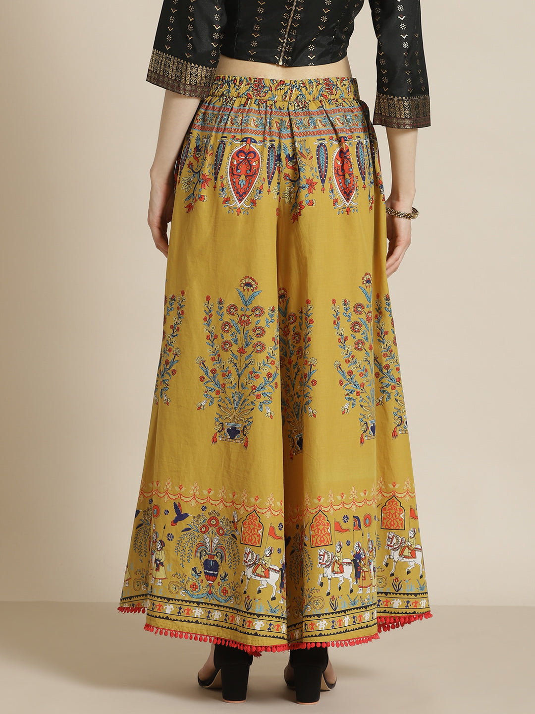Juniper Women Mustard Cotton Printed Flared Palazzo