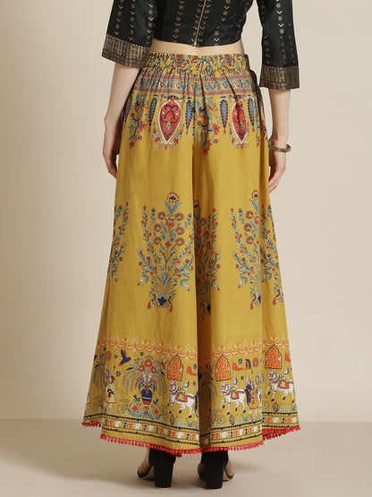 Juniper Women Mustard Cotton Printed Flared Palazzo