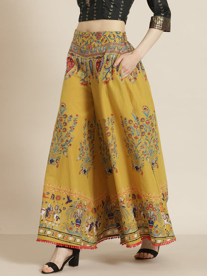 Juniper Women Mustard Cotton Printed Flared Palazzo