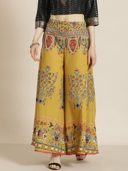 Juniper Women Mustard Cotton Printed Flared Palazzo