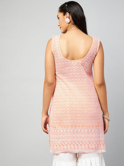 InWeave Women's Peach Sweetheart Neckline Kurta