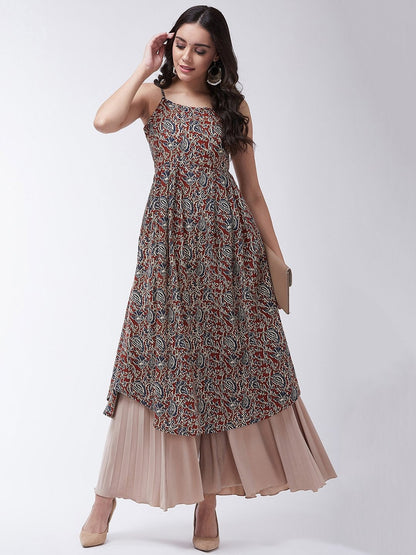 InWeave Women's Maroon Kalamkari Strappy Kurta