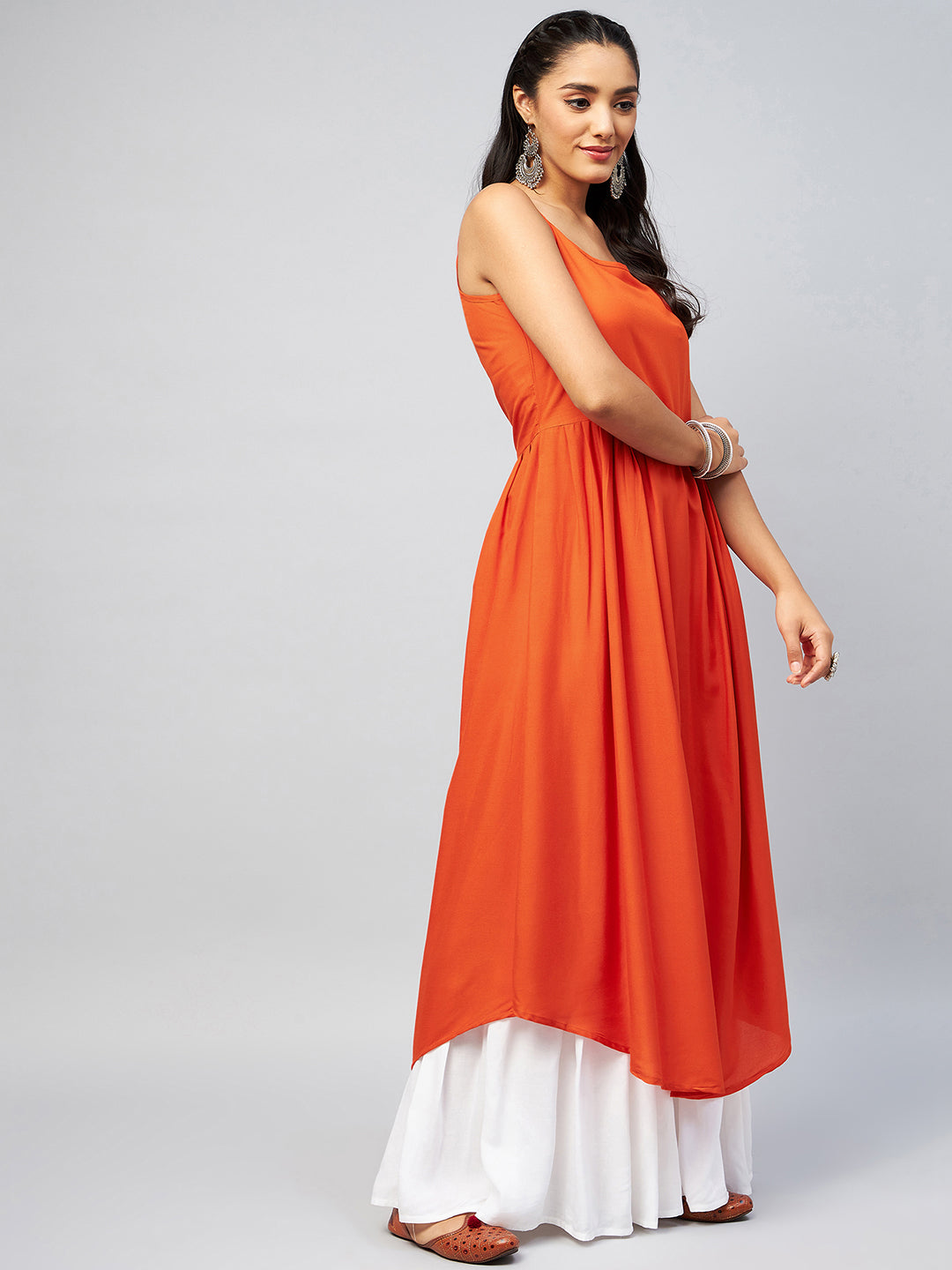 InWeave Women's Solid Orange Strappy Kurta