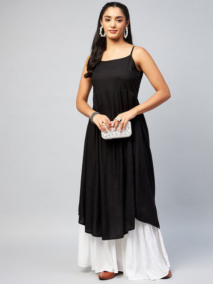 InWeave Women's Solid Black Strappy Kurta