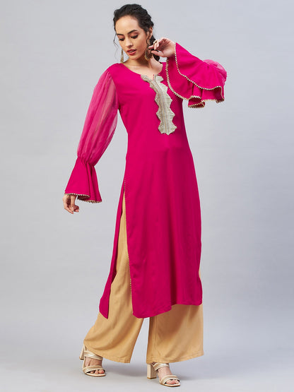 InWeave Women's Fuschia Organza Sleeve Gota Work Kurta