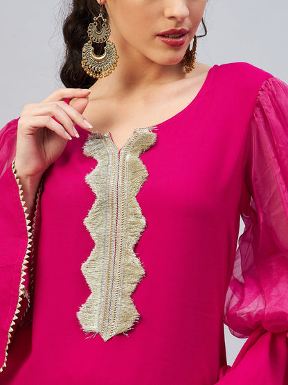 InWeave Women's Fuschia Organza Sleeve Gota Work Kurta