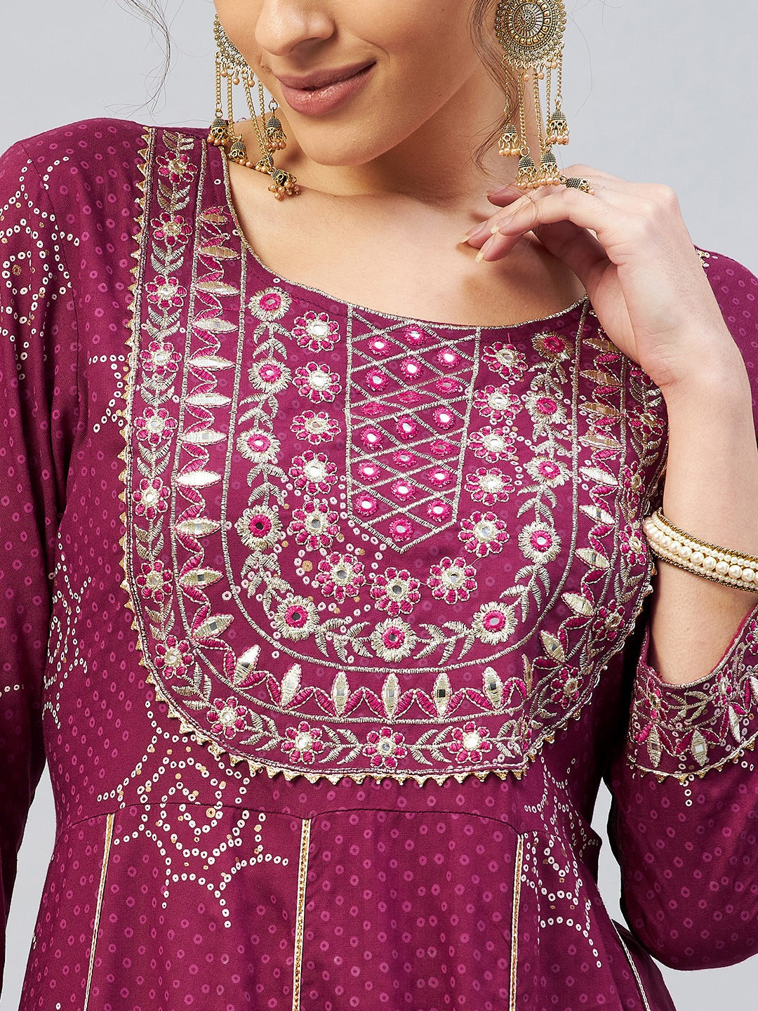 InWeave Women's Wine Gota Mirror Kurta