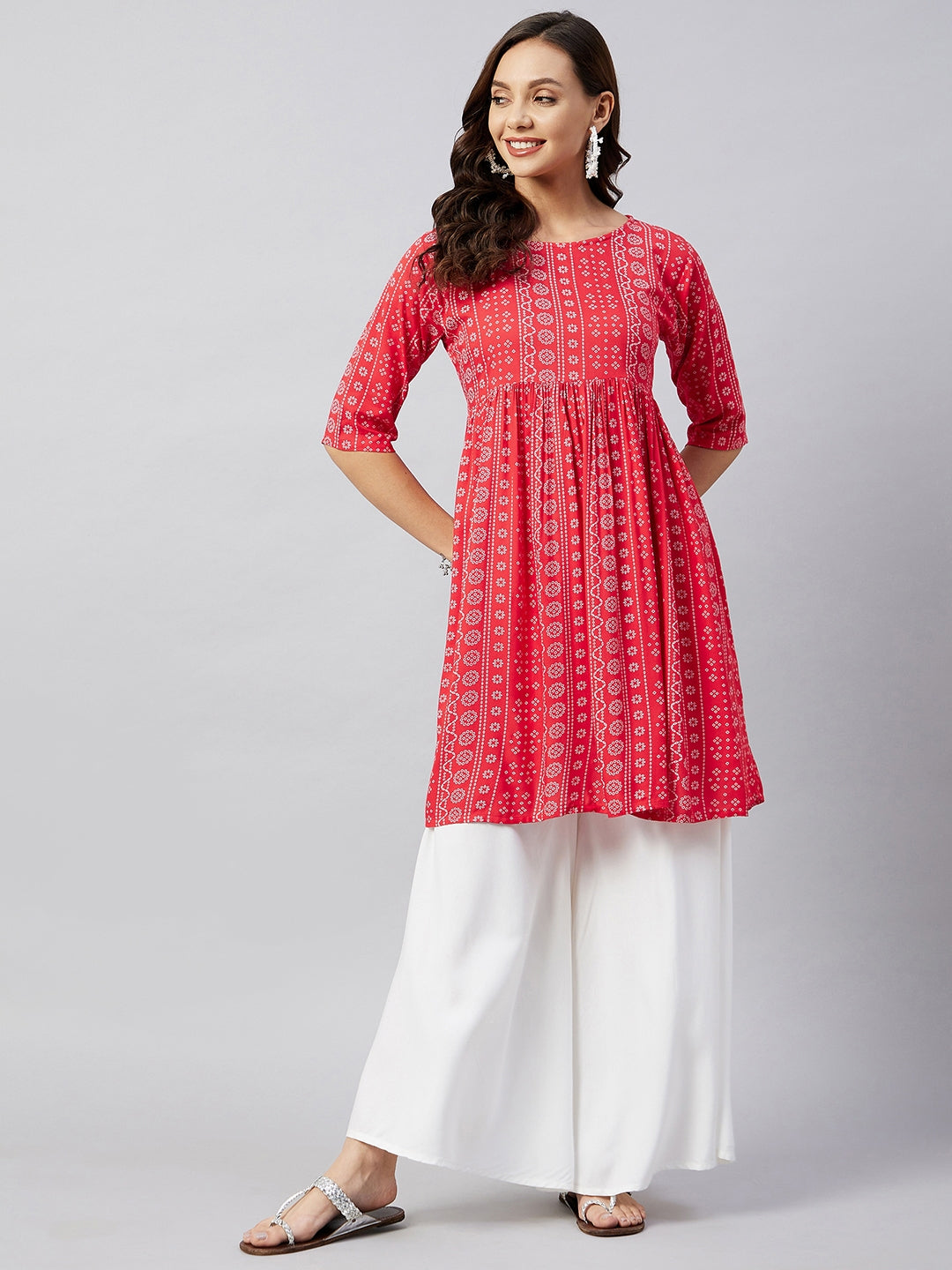 InWeave Women's Red Bandhani Shrot Anarkali Kurta