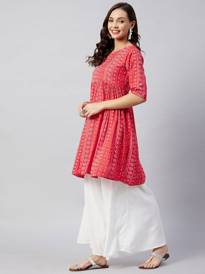 InWeave Women's Red Bandhani Shrot Anarkali Kurta