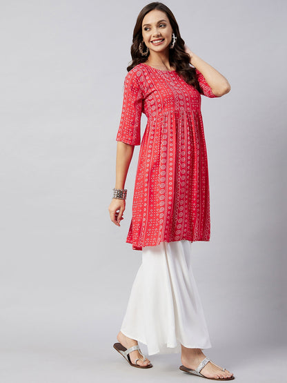 InWeave Women's Red Bandhani Shrot Anarkali Kurta