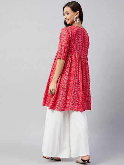 InWeave Women's Red Bandhani Shrot Anarkali Kurta