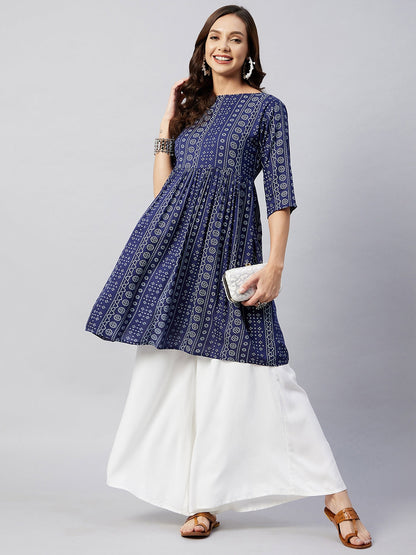 InWeave Women's Blue Bandhani Shrot Anarkali Kurta