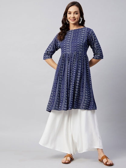 InWeave Women's Blue Bandhani Shrot Anarkali Kurta