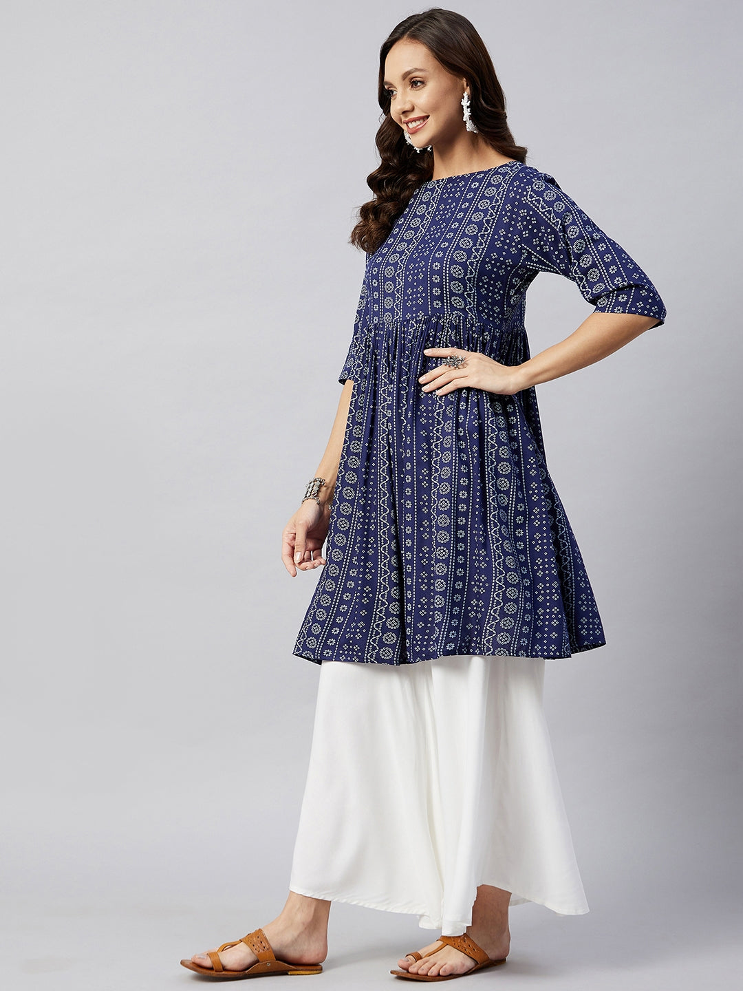 InWeave Women's Blue Bandhani Shrot Anarkali Kurta