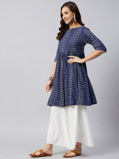 InWeave Women's Blue Bandhani Shrot Anarkali Kurta