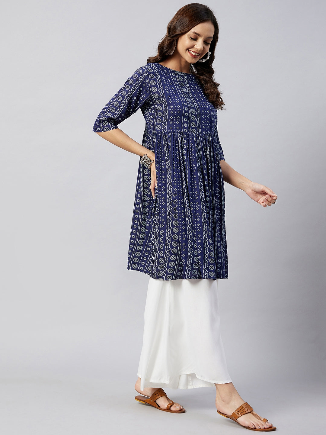 InWeave Women's Blue Bandhani Shrot Anarkali Kurta