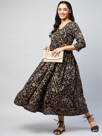 InWeave Women's Black Jaal Print Long Anarkali Kurta