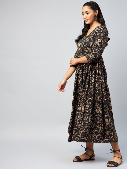 InWeave Women's Black Jaal Print Long Anarkali Kurta