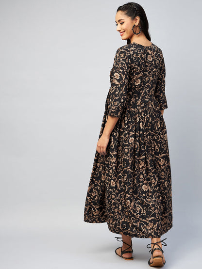 InWeave Women's Black Jaal Print Long Anarkali Kurta