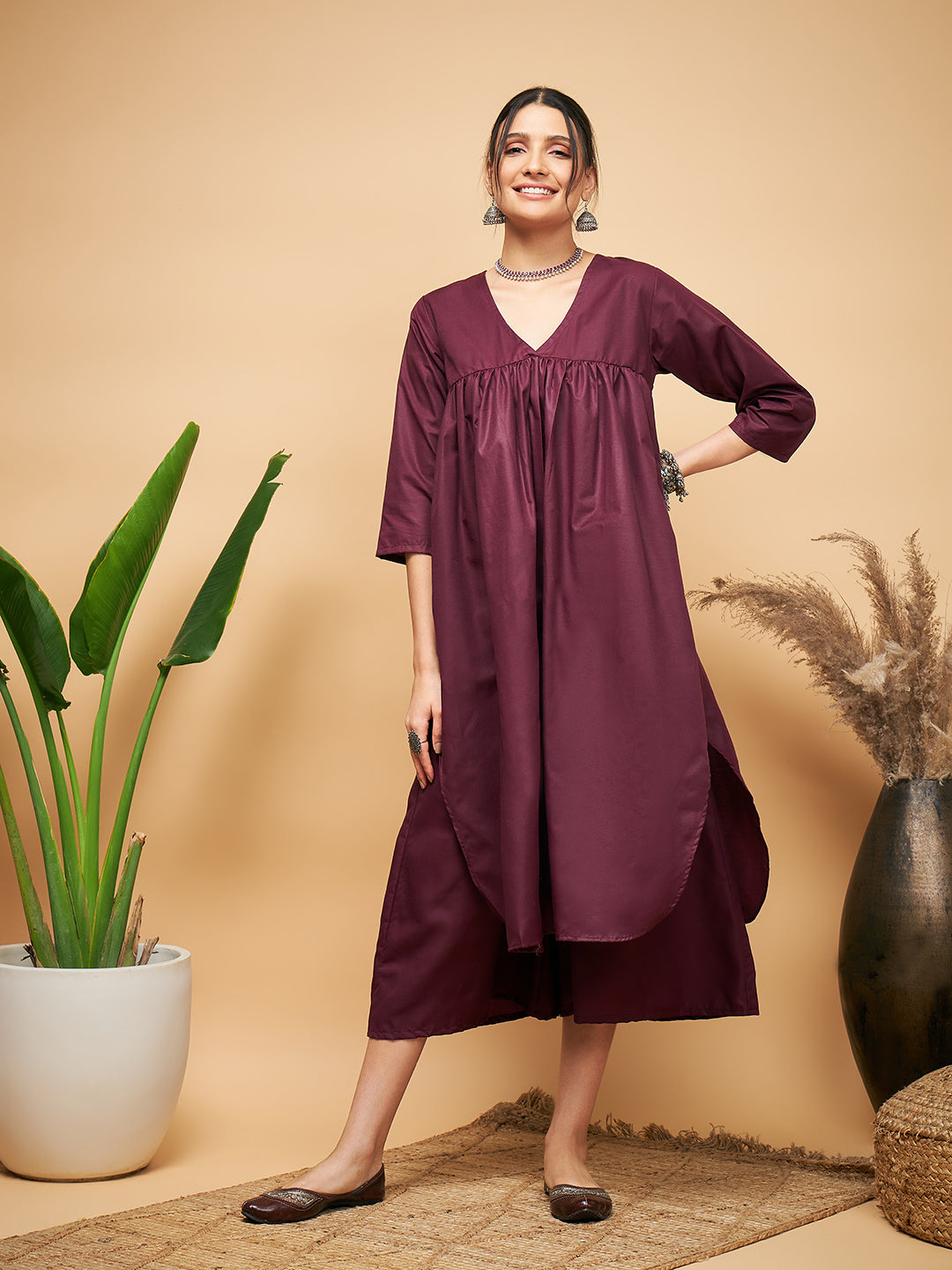 InWeave Wine Solid Flared Kurta