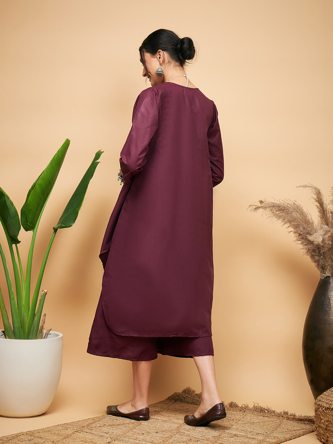 InWeave Wine Solid Flared Kurta