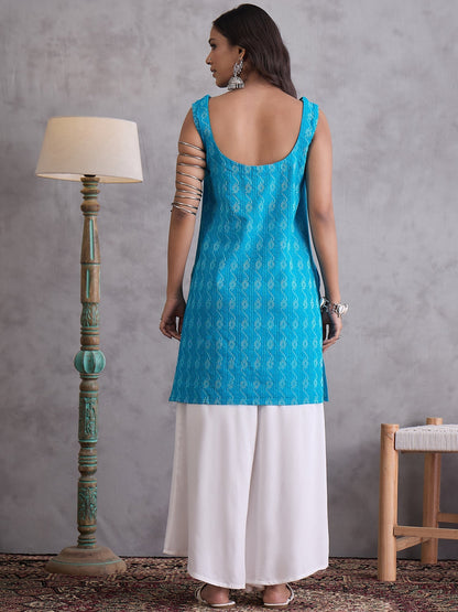 InWeave Cyan Blue Ikkat Kantha Kurta
