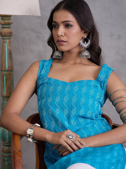 InWeave Cyan Blue Ikkat Kantha Kurta