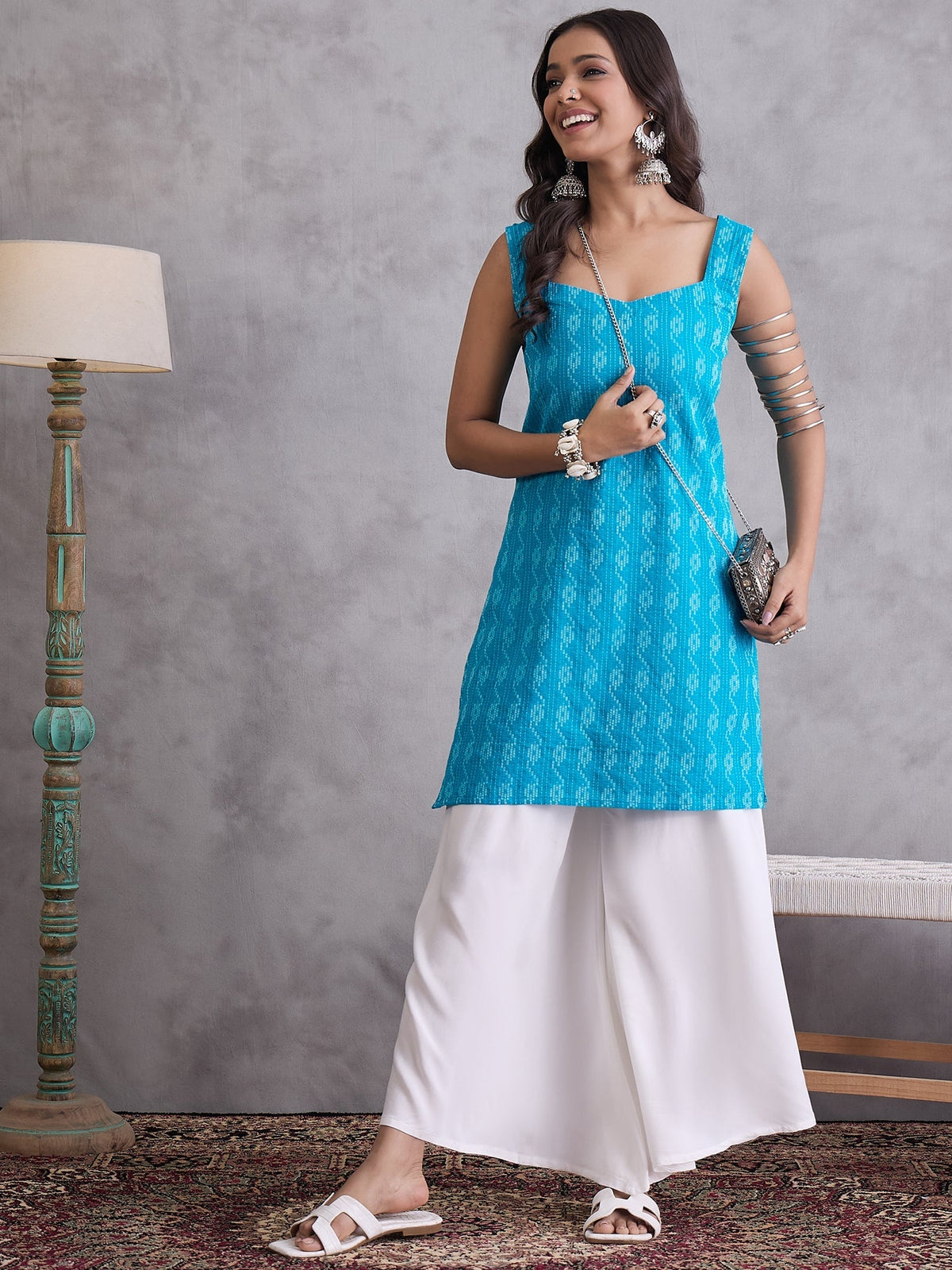 InWeave Cyan Blue Ikkat Kantha Kurta