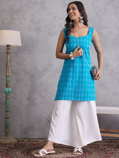 InWeave Cyan Blue Ikkat Kantha Kurta