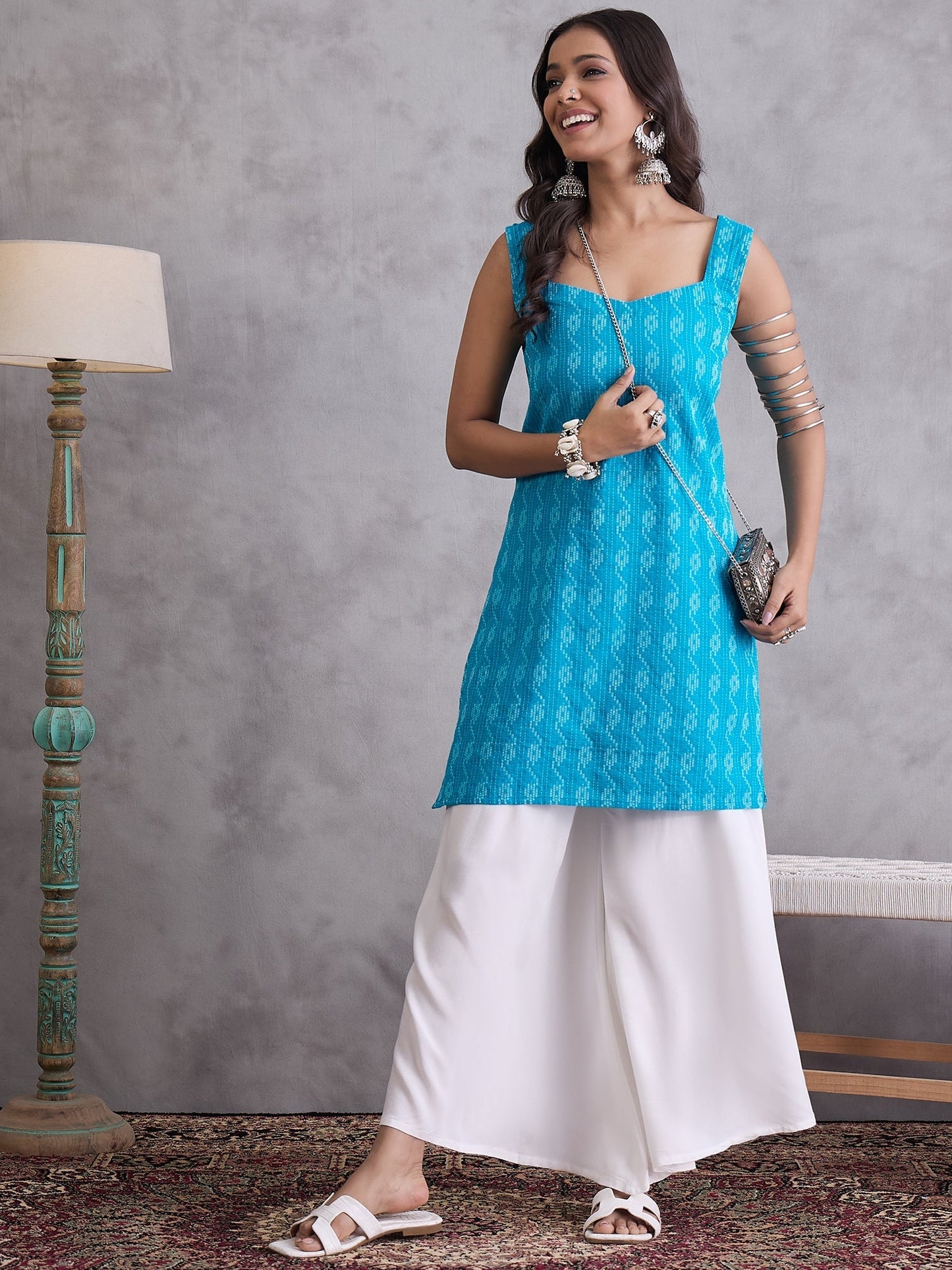 InWeave Cyan Blue Ikkat Kantha Kurta
