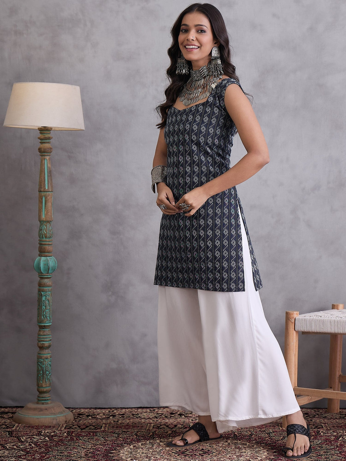 InWeave Black Ikkat Kantha Kurta