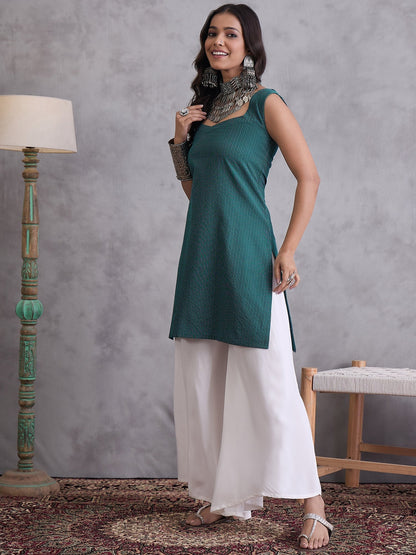 InWeave Emerald Green Kantha Striped Kurta