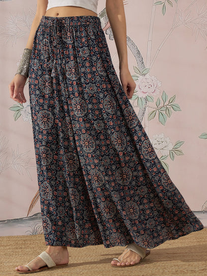 InWeave Navy Maroon Ajrakh Fr Skirt