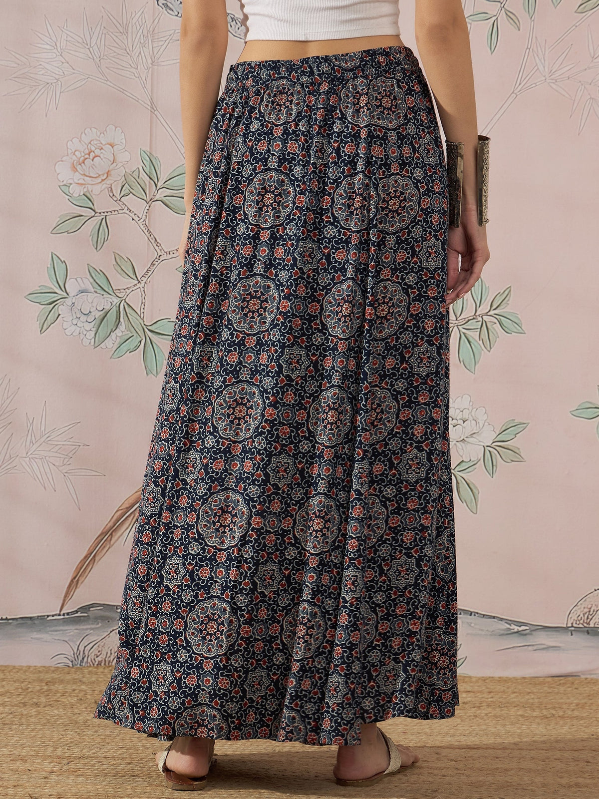 InWeave Navy Maroon Ajrakh Fr Skirt