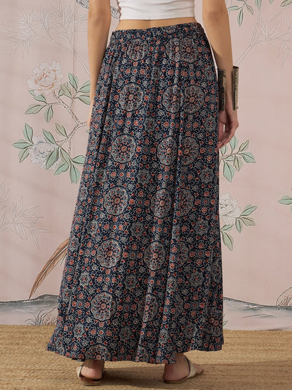 InWeave Navy Maroon Ajrakh Fr Skirt