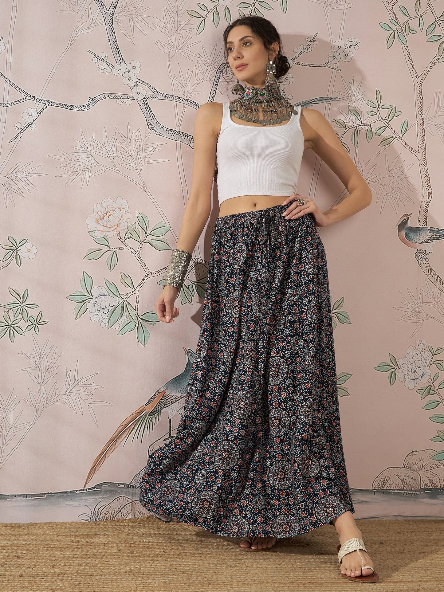 InWeave Navy Maroon Ajrakh Fr Skirt