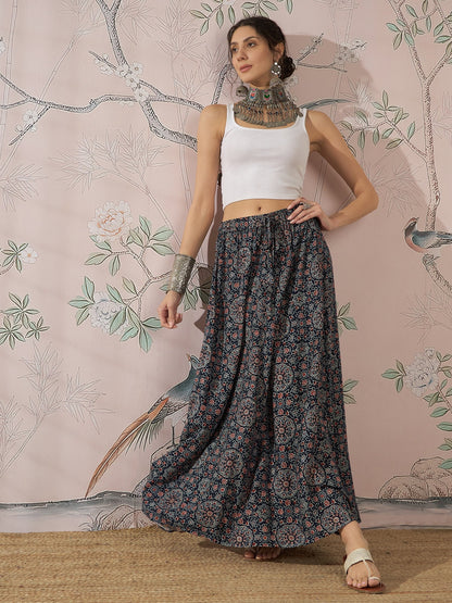 InWeave Navy Maroon Ajrakh Fr Skirt