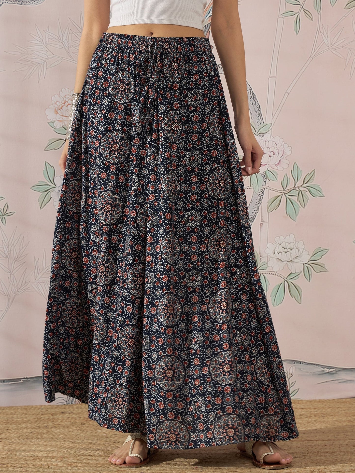 InWeave Navy Maroon Ajrakh Fr Skirt