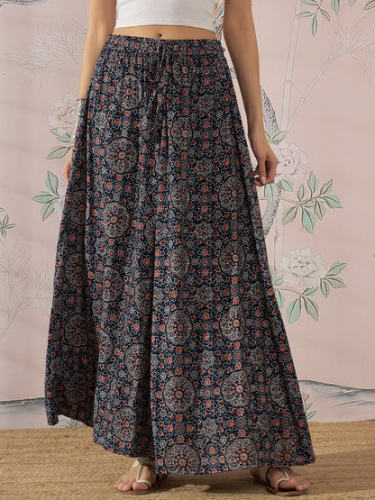 InWeave Navy Maroon Ajrakh Fr Skirt