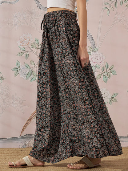 InWeave Black Maroon Ajrakh Fr Skirt