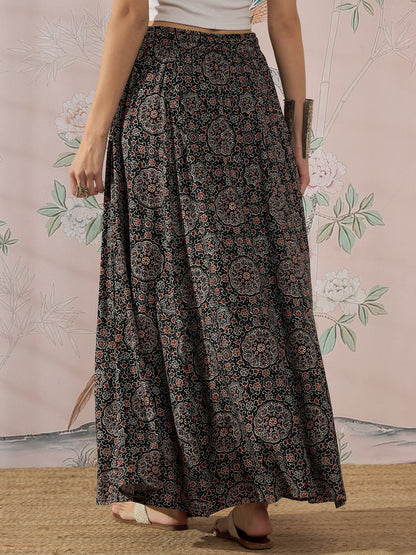 InWeave Black Maroon Ajrakh Fr Skirt