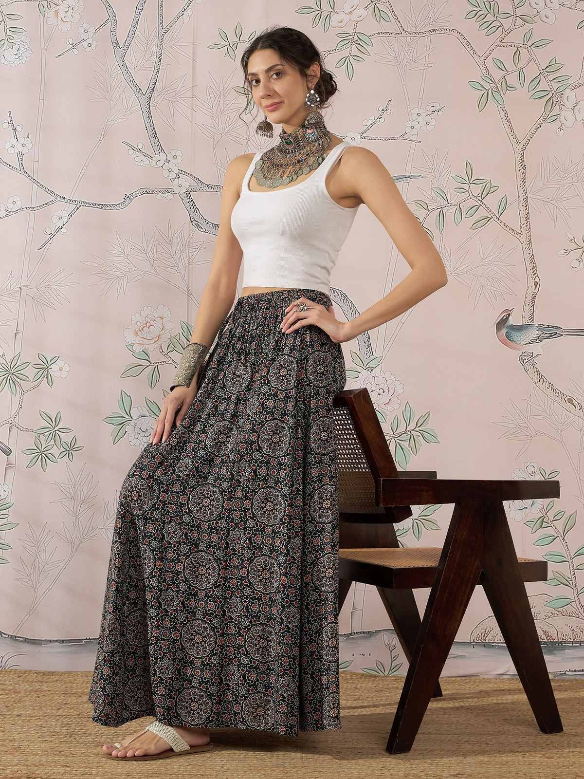 InWeave Black Maroon Ajrakh Fr Skirt